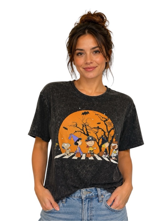 Peanuts Tops - New Peanuts Black Mineral-Wash Short Sleeve Tee with aHalloween Graphic